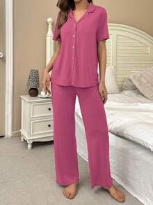 SHEIN Soft & Skin-Friendly Cardigan Button Closure Unisex Casual Pajama Set Button Up Pajama Set Comfy Pajama Set Women Lounge Wear Sets - Hot Pink - View 3