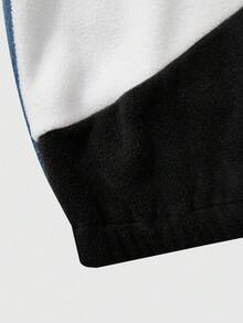 SHEIN Explorewe Chaqueta de otoño/invierno para niños, chaqueta de una sola pieza de estilo de moda con parches de piel sintética de manga larga, diseño de contraste de color que muestra un estilo personalizado, con cuello alto y cremallera. Diseño de cuello alto con cremallera, parches de color azul, blanco y negro de felpa sherpa que resalta la mirada, adecuado para usar en la calle, el campus y en exteriores de otoño/invierno para niños. - Azul - Ver 6
