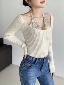 SHEIN LUNE Jersey de punto sexy con cuello en V y adornos de strass, 2 en 1, para mujer, primavera/otoño - Albaricoque - Ver 6