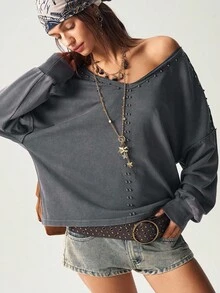 Bohemela 秋冬BOHO风休闲纯色铆钉针织V领长袖宽松水洗女式卫衣 - 黑色 - 查看 6