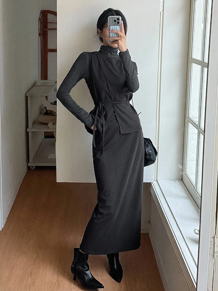 Women's Sleeveless Patchwork Crew Neck Top/Vest And Straight Skirt 2 Pieces Casual Set