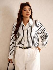 Elaquor Plus Size Striped Print Button Front Casual Long Sleeve Shirt - Black and White - View 6