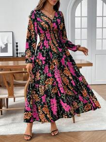 EMERY ROSE 大码女式印花褶皱灯笼袖抽绳腰连衣裙 - 彩色 - 查看 1