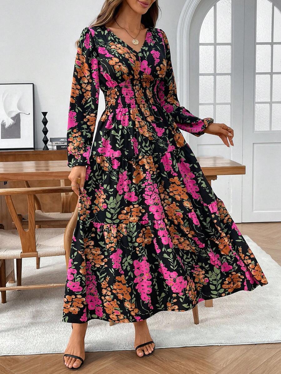 EMERY ROSE 大码女式印花褶皱灯笼袖抽绳腰连衣裙 - 彩色 - 查看 1