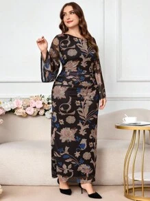 Modelyn Váy dài tay co giãn in họa tiết phong cách cổ điển cỡ lớn - màu đen - Xem 6