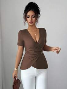 Elenzga Women's Asymmetric Ring Detail Ruched Waist Short Sleeve T-Shirt, Suitable For Commuting And Daily Wear, Summer