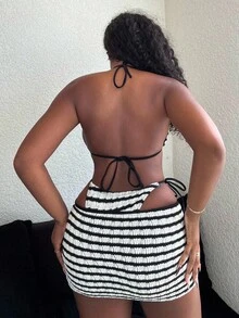 Alexandranx Bộ 3 món/Bộ đồ bơi bikini nữ vải họa tiết sọc đen trắng tương phản có dây đeo vai hở lưng và quần bơi buộc bên hông, kỳ nghỉ ở bãi biển - Đen và trắng - Xem 2