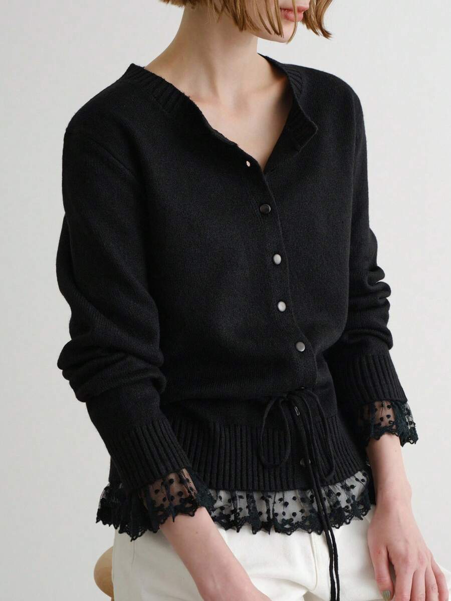 FRIFUL Women's Casual Lace Patchwork Drawstring Crew Neck Loose Hem Black Cardigan, For Woman - Black - View 1