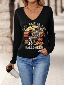SHEIN LUNE Halloween Skeleton,Ghost,Bat,Candy,Black Cat,Pumpkin Graphic V-Neck Long Sleeve T-Shirt For Women,Casual Streetwear Autumn Tops Occasion Graphic Tees - Black - View 4