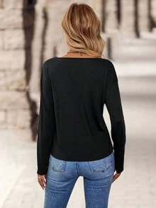 SHEIN LUNE Halloween Skeleton,Ghost,Bat,Candy,Black Cat,Pumpkin Graphic V-Neck Long Sleeve T-Shirt For Women,Casual Streetwear Autumn Tops Occasion Graphic Tees - Black - View 5