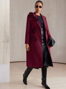 Aveloria Modichic Fashionable Versatile Commuter High-End Elaborate 3D Floral Design Long Lapel Blazer For Women, Regular Fit Holiday Party Clothes  - Burgundy - View 5