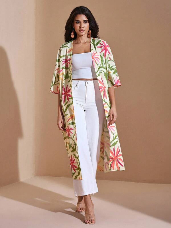 Miriam Omar Colorful Printed Casual Loose Flare Sleeve Beach Kimono Woman Autumn  Casual
