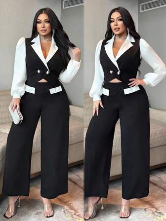 NU&NOW 女式加大码优雅撞色设计西装外套，泡泡袖撞色饰边，时尚金属装饰纽扣，派对正式两件套西装，含裤子