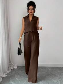 Rafferiza 2pcs/Set Women's Fashionable Casual Versatile V-Neck Sleeveless Top And Loose Distinctive Belt Decor Straight Leg Pants, Spring/Summer - Coffee Brown - View 3