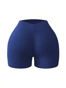 Easithlete 2PCS Women's Solid Color High Elasticity Fitness Casual Running Sports Shorts High Waisted Shorts Tummy Control