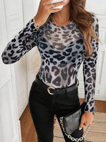 Easowa 圆领复古豹纹紧身网眼面料休闲通勤优雅外套上衣，女士秋冬装 - 彩色 - 查看 6