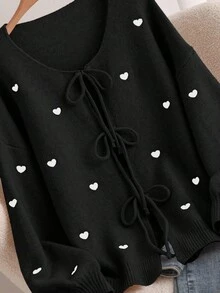 SHEIN CURVE+ Plus Size Women Heart Knitted Cardigan, French Elegant Fashion Autumn/Winter Sweater Cardigan, Off-Season Fall - Black - View 3