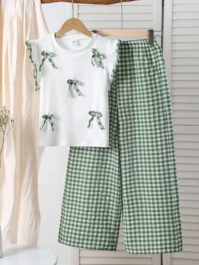 青少年女孩休闲可爱拼布荷叶边格子蝴蝶结格子裤套装，适合外出、通勤、春季旅行、上学