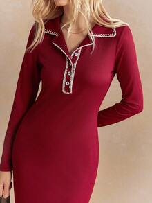 Écloséra Casual Slim Fit Autumn French Retro Lapel Long Sleeve Wine Red Dress Women Dress Ladies Autumn Matching Autumn Dress Women's Casual Dress - Burgundy - View 2