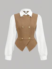 SHEIN Girlism 少女衬衫套装 拼布双排扣翻领衬衫和纯色裤子 休闲套装 棕色套装 全套服装 棕色背心套装 女士套装 休闲正装 - 駝色 - 查看 8