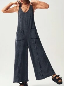 Bohemela 女式休闲纯色水洗针织连体裤 - 黑色 - 查看 1