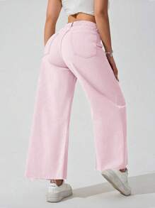SHEIN ICON 女式休闲宽松阔腿纯色牛仔裤 - 粉色 - 查看 2