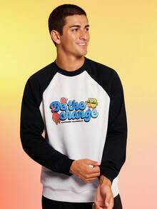 SpongeBob SquarePants | SHEIN 男士春秋休闲卡通字母图案撞色插肩袖套头衫 - 黑與白 - 查看 4