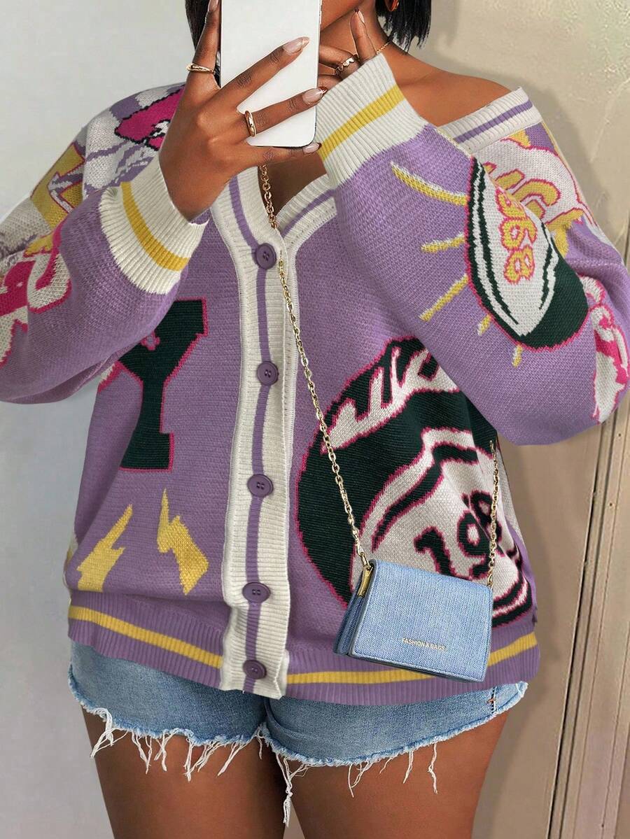 Slaydiva Áo khoác cardigan dệt kim dài tay cổ chữ V màu xanh ô liu cỡ lớn, kiểu dáng thường ngày và đường phố, phù hợp cho phụ nữ cỡ lớn vào mùa thu/đông. - Màu tím - Xem 1