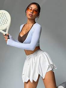 Dewbera 女士纯色抽绳腰休闲健身运动裙 - 白色 - 查看 2