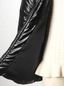 SHEIN Teen Girl Waist Cinched Padded Coat, Shiny Black Hooded Coat With Faux Fur Collar Fall Winter - Black - View 9