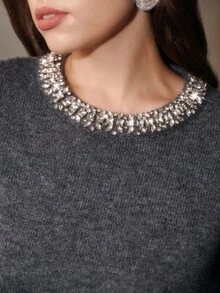 Anewsta Elegant New Fashion Wool Blend Rhinestone Embellished Collar Grey Cute Ageless Versatile Long Sleeve Plus Size Sweater Top Fall Winter - Grey - View 1