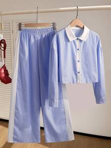 Teen GirlCasual Basic School/Commute Colorblock Splice Long Sleeve Shirt + Loose Wide Leg Striped Pants Set Fall Winter - Blue - View 2