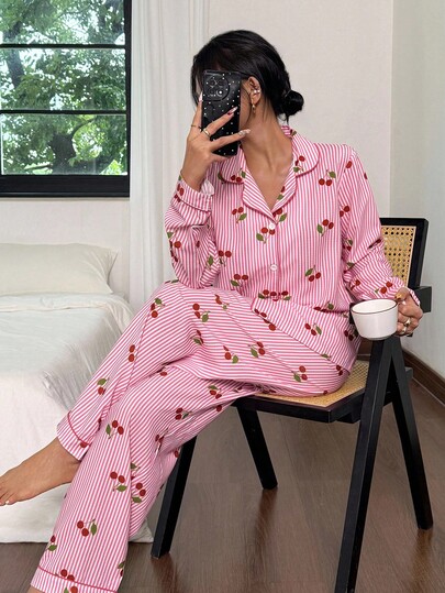 Dream Adore Dream Adore Pink Striped Cherry Print Lapel Long Sleeve Pajama Set For Women, Fall Clothes