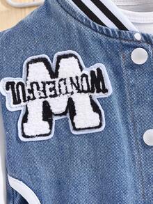 SHEIN 男婴街头风格休闲夹克，牛仔布和针织面料拼布，刺绣贴布设计，罗纹袖口 - 中等水洗藍 - 查看 7