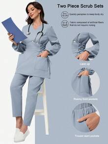 Scrubzie Anti-Wrinkle Long Sleeve Shirt And Long Pants 2 Pieces Scrub Uniform Set - Blue - View 1