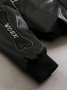 PAVTROS Manfinity Streetrush 男士长袖哥特骷髅刺绣PU拉链连帽夹克，Y2K街头风，Emo拉链夹克，万圣节外套，时尚百搭男友礼物，印花拉链Emo哥特骷髅夹克，秋冬款 - 黑色 - 查看 7