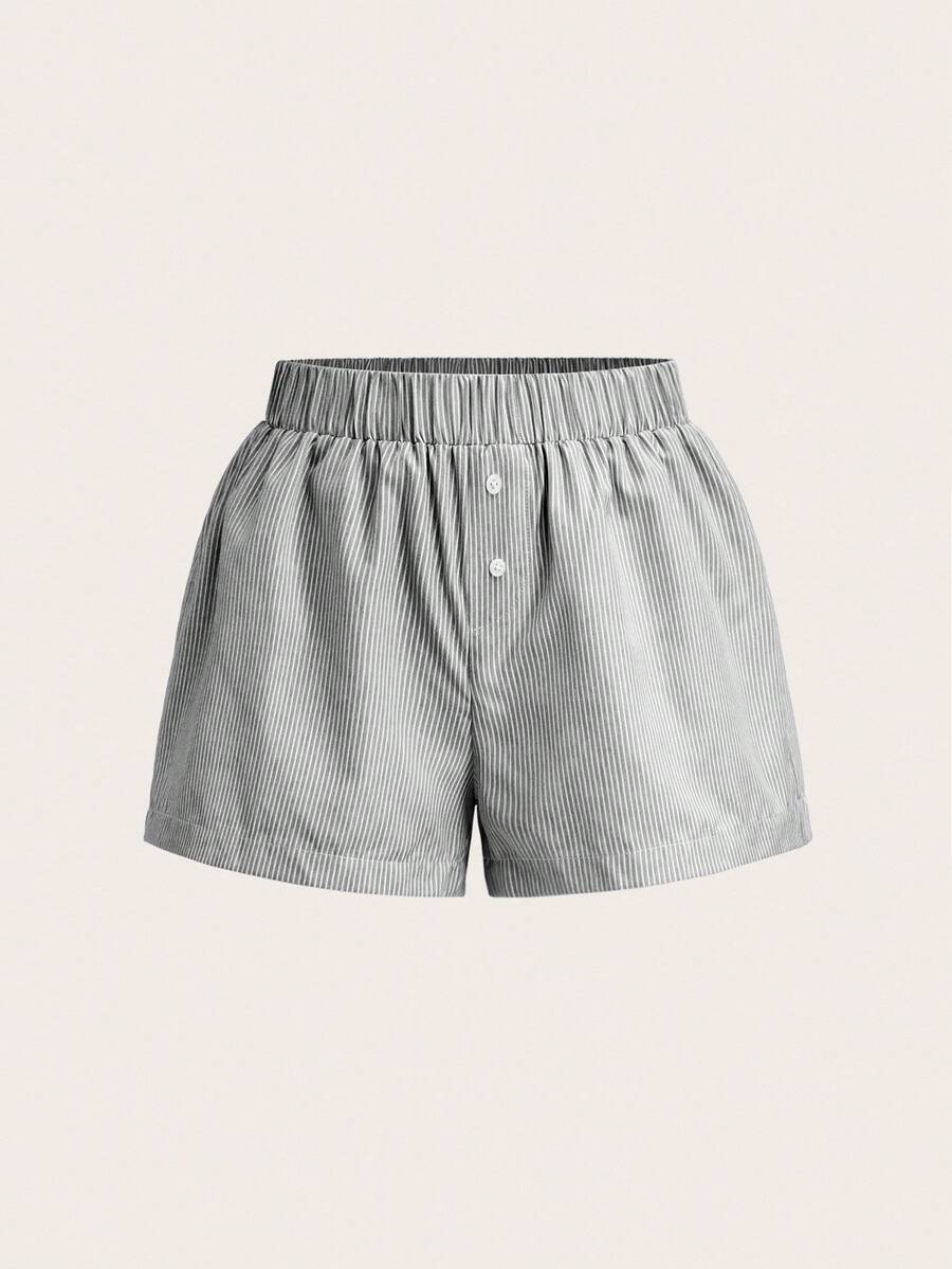 SHEIN BASICS 女式休闲浅蓝色编织平角裤，带白色条纹，宽松，低腰 - 綠色 - 查看 1