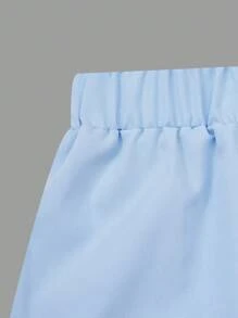 2 件套青少年女孩休闲字母印花圆领短袖 T 恤和工装裤，夏季 - 藍白色 - 查看 6