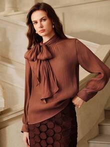 Savoree Women High Collar Long Sleeve Tie Neck Elegant Chic Office Top, Butterfly Decor Blouse