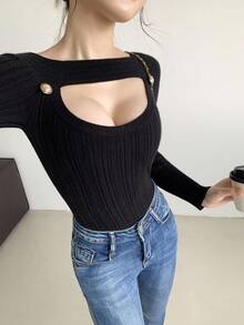Celisse Women's Sexy Off Shoulder Hollow-Out Fitted Knit Sweater, Elegant Style, Suitable For Spring & Autumn Fall Winter Cloth For Women