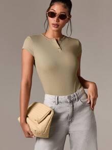 AiiRZ Ribbed Henley Bodysuit Form Fitting Short Sleeve Button Front Essential Basic Summer Spring Casual Everyday Wear Stretchy Comfort Classic