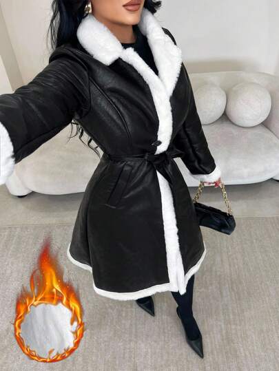 SHEIN SXY Women's Black Faux Fur Coat, Long Middle-Length, Vintage Lapel PU Winter Outerwear, Luxury Design; Faux Fur Trimmed Coat; Long Winter Coat; Black Coat With Fur; Women Jacket,Business, Retro, Outing, Old Money,Siren Coquettish,  Cruise Attire, Commuting,  Richly Layered, Date Night, Gathering, Minimalism, Birthday, Formal Event, Break, Modest, Chic, Casual, Shopping, Street Wear, Going Out,Fall,Faux Fur,ملابس شتوية للنساء