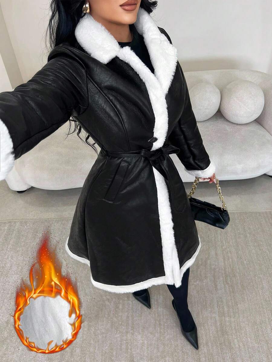 SHEIN SXY 女式黑色仿皮草大衣，中长款，复古翻领 PU 冬季外套，奢华设计；仿皮草饰边大衣；长款冬季大衣；黑色皮草大衣；女式夹克