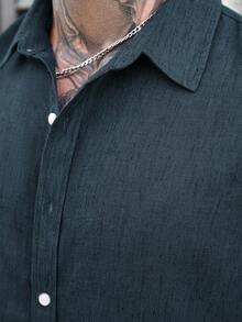 Manfinity Homme Men's Solid Color Long Sleeve Single-Breasted Shirt And Shorts Casual 2 Pieces Set, Men Textured Button Up Shirt & Shorts Streetwear Set, Fall Clothes, Cozy Outfits