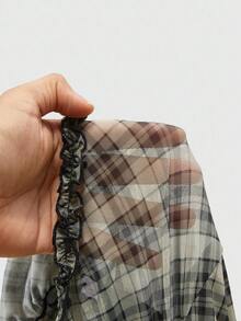 ROMWE Avant 女式复古格子印花方领泡泡袖荷叶边撞色蝴蝶结装饰娃娃装上衣，夏季 - 彩色 - 查看 5