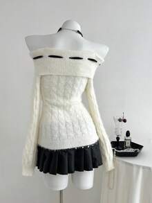 Elamini Sexy Fashion Knot Off Shoulder Fitted Long Sleeve Sweater - White - View 2