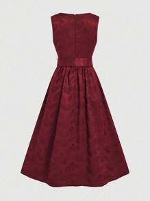 Fairmaia German Traditional Elegant Jacquard Collar Self-Tie Waist Flared Hem Dress For Women, Halloween - Burgundy - View 2