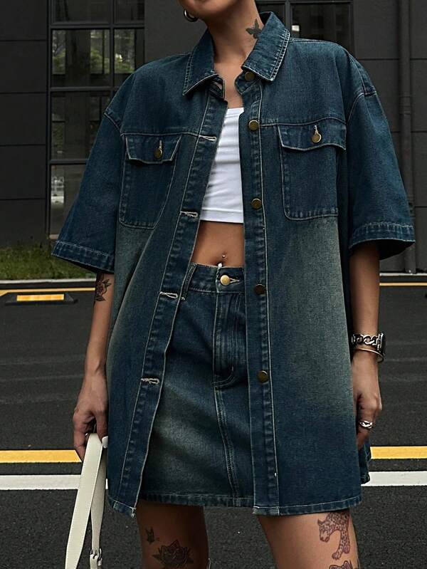 DAZY Women's Short Sleeve Denim Jacket And Super Mini Denim Skirt Set