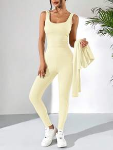 SHEIN EZwear 米色修身夹克、背心和紧身裤女士运动套装，秋季黄油黄色两件套 2 件套休闲套装女士 - 杏色 - 查看 6