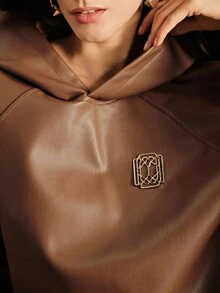 Anewsta Sudadera holgada de manga larga con capucha, de piel de imitación con decoración metálica, de color marrón, de estilo casual, para mujer, para otoño/invierno